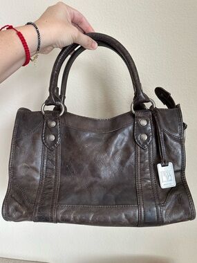 Authentic Frye Melissa Distressed Leather Satchel Handbag - Brown